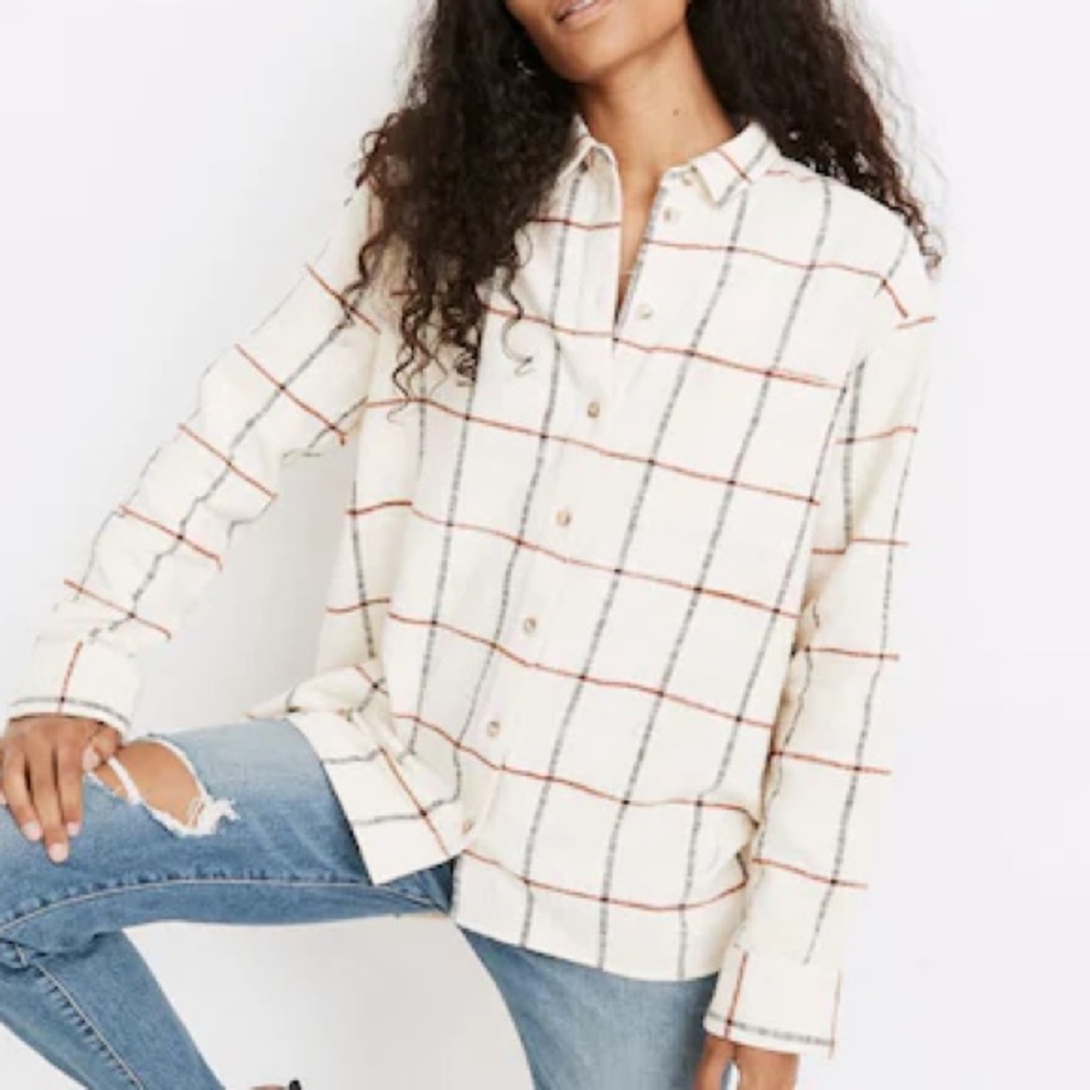 Madewell Oversized Cream and Red Plaid Button down Flannel